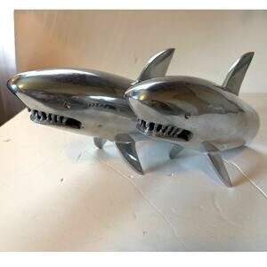 Two Aluminum Shark Busts Bookends Sculpture Shelf Art